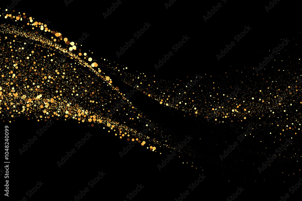 Poster scattered golden particles on a dark background. festive background or design element.