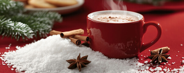 Holiday table scene with a red tablecloth, steaming mug of hot cocoa, and festive cookie plate, surrounded by cinnamon sticks.