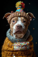 Adorable party-ready dog wearing a festive hat and cozy sweater, celebrating with a charming cake, surrounded by colorful confetti in a whimsical setting.