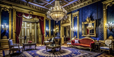 Obraz premium Luxurious Classical Interior Photography: Elegance in Red and Gold in a Vintage Palatial Room