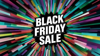 A colorful abstract design of radiating stripes surrounding a black starburst with the words Black Friday Sale in white letters.