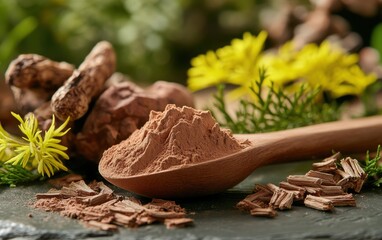 Close-up of Rhodiola Rosea Powder: A detailed view of rhodiola rosea powder in a scoop, surrounded by fresh rhodiola root, herbal tea, and a tranquil wellness setting.