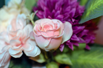 Pink and white flowers bouquet close 
