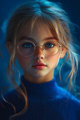 Fototapeta premium A young girl with blonde hair and blue eyes wearing glasses and a blue sweater