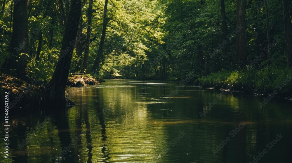 Poster A tranquil river meanders through a lush green forest, sunlight filtering through the canopy creating a dappled effect on the water's surface.