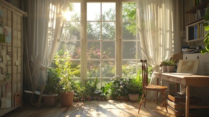 Fototapeta premium Sunlit Room with Window View, Plants, and a Desk