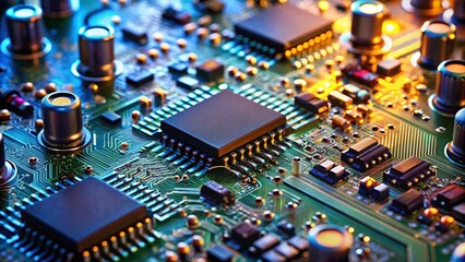 Obraz premium Macro Photography of Intricate Circuit Boards and Microchips in Technology