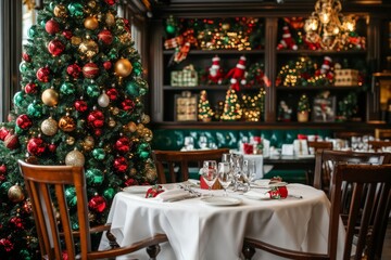 Festive restaurant interior with christmas decorations and tree in cozy setting