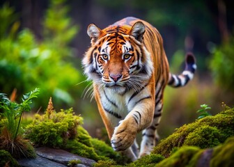 Fototapeta premium Majestic Amur Tiger Pouncing on Prey in Tilt-Shift Photography Style for Wildlife Enthusiasts