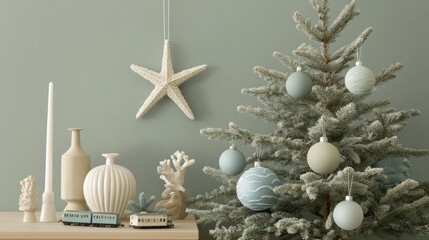 Minimalist coastal christmas decor with pastel ornaments and starfish accent