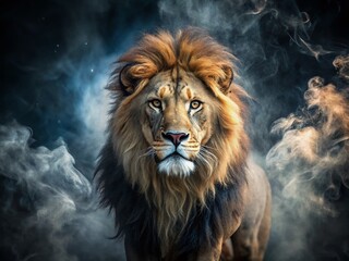 Fototapeta premium Majestic Lion Emerging from Dark Smoke - High Depth of Field Photography