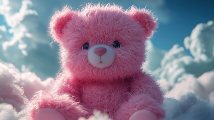 A Charming Pink Teddy Bear Sitting Among Fluffy Clouds