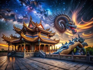 Fototapeta premium Majestic Long Exposure of an Asian Temple with a Serpentine Dragon Under a Starry Night Sky