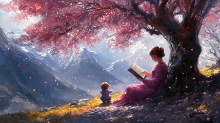 A serene scene of a woman reading under a cherry blossom tree with a child nearby.