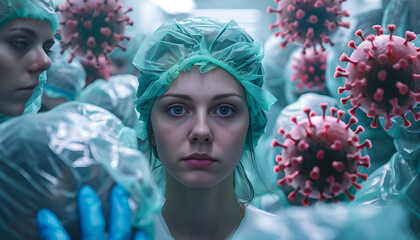 Stronger immunity means better resistance to diseases. Young healthy woman in protective cap surrounded by viruses in crowd