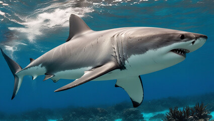 Great white shark underwater.