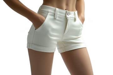 White high-waisted shorts with hands in pocket isolated on transparent background, png file, no background png file