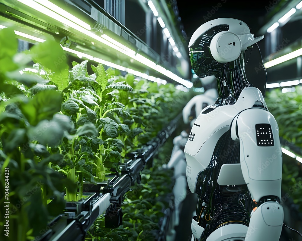 Poster futuristic vertical farm with automated robots tending to precision grown crops symbolizing the role