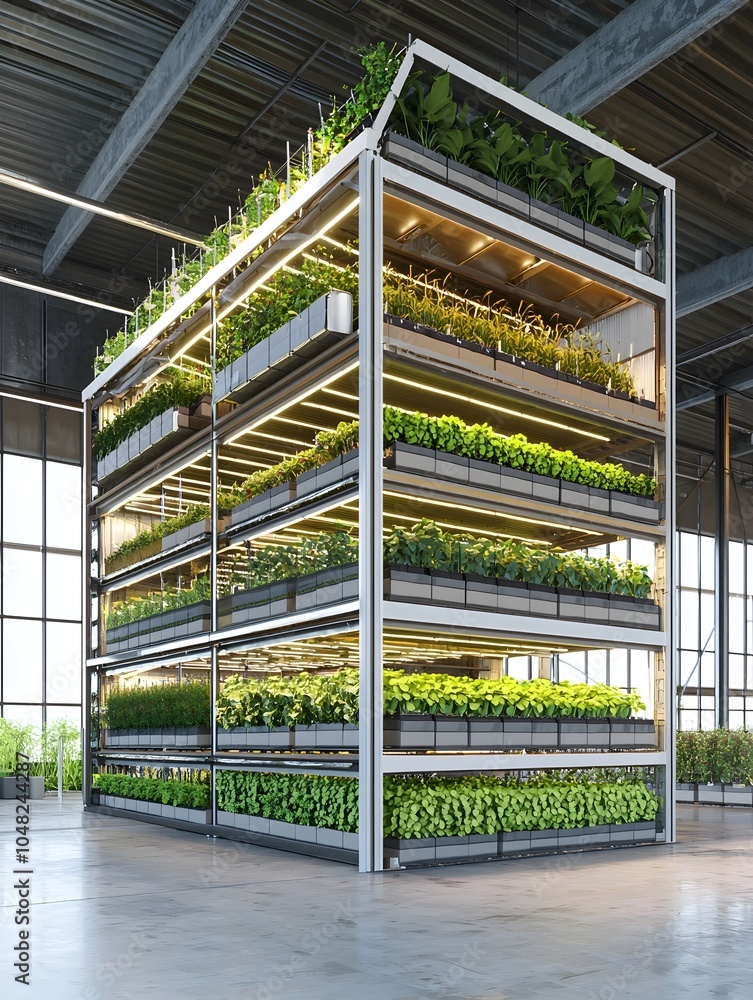 Poster vertical farm with cross section view showcasing multilevel controlled environment for efficient urb