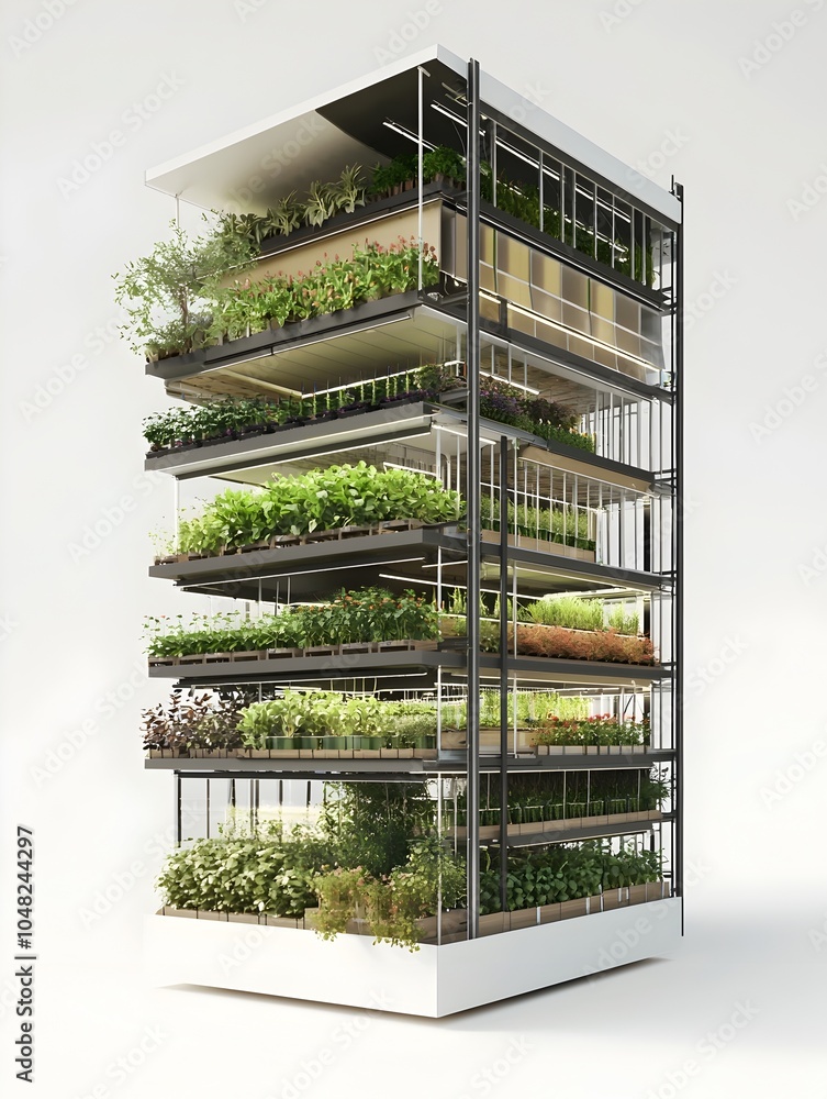 Poster cross section view of a vertical farm inside a warehouse showcasing efficient use of space and contr