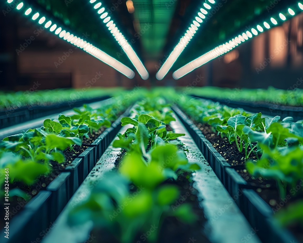 Poster vertical farm in repurposed factory with led lights illuminating rows of crops symbolizing transform