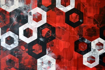 Dynamic Abstract Composition with Hexagonal Patterns in Red, Black, and White â€“ Modern Art Design for Creative Backgrounds and Visual Impact