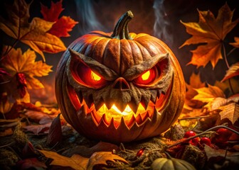 Fototapeta premium Menacing Carved Pumpkin with Glowing Eyes and Fiery Mouth for Halloween Decor
