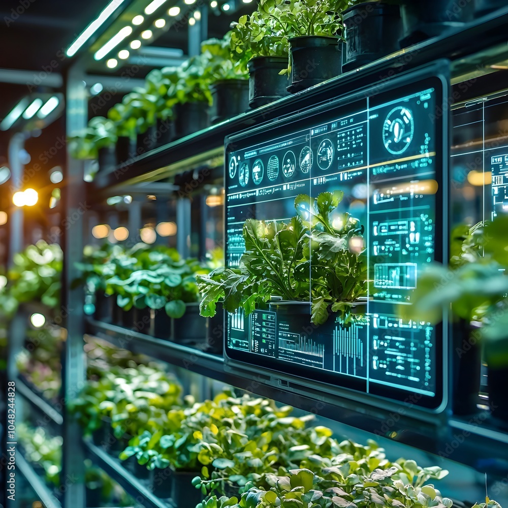 Poster vertical farming system with sensors and monitors tracking plant growth and data driven agriculture 