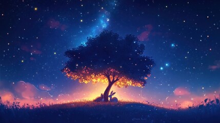Naklejka premium A serene night scene with a glowing tree and a rabbit under a starry sky.
