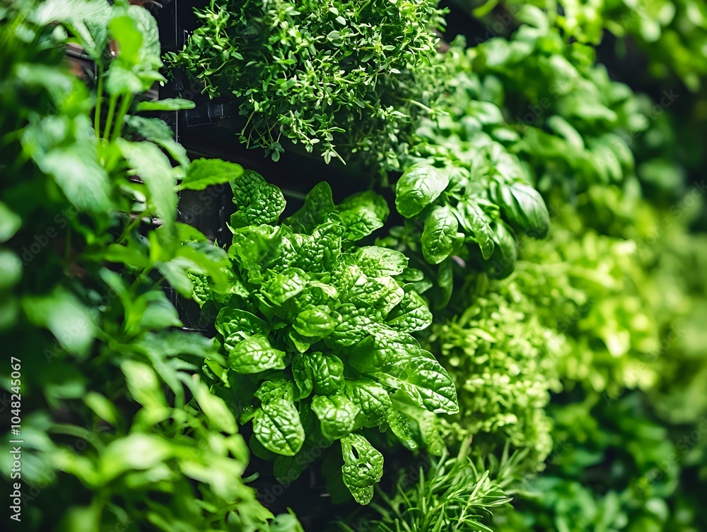 Poster close up view of diverse exotic herbs and spices growing in a vertical farming system showcasing the