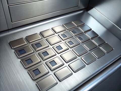 Metal ATM Keyboard Illustration for Safe Cash Withdrawal with Numbers and Buttons