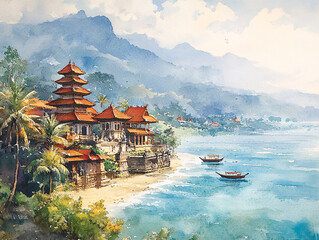 Obraz premium tropical Bali beach scene with a line of traditional Balinese houses, boats, and a calm sea under a mountain backdrop.