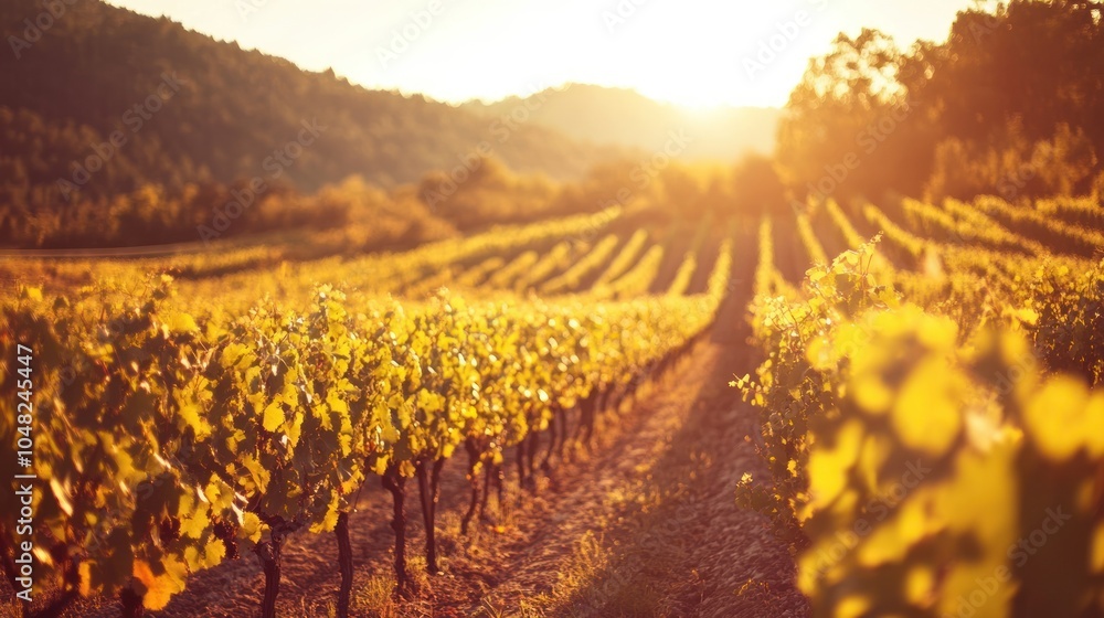Poster golden sunset over rows of grapevines in a vineyard