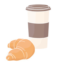 paper cup with coffee drink and croissant
