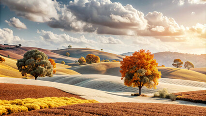 autumn landscape with trees. tree, autumn, landscape, sky, nature, field, grass, blue, trees, fall, green, yellow, forest, meadow, summer, clouds, season, road, rural, leaves, sun, color, cloud, red, 