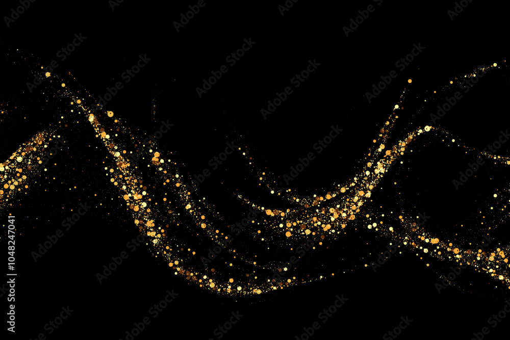 Poster scattered golden particles on a dark background. festive background or design element.