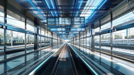 Fototapeta premium Modern Train Station Platform with Illuminated Walkway