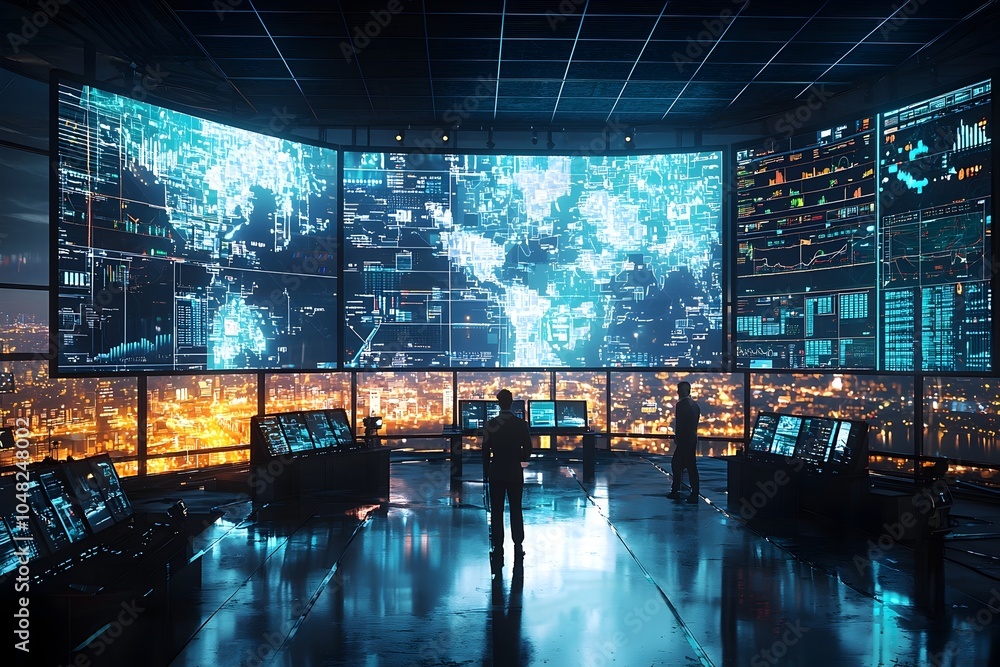 Poster futuristic smart city control center with live data monitoring and urban infrastructure management