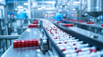 Obraz premium Pharmaceutical Pills Moving Along a Conveyor Belt in a Factory