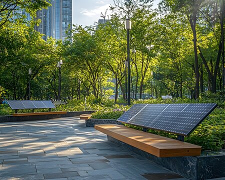 Sustainable Smart City Park with Solar Benches and Wi Fi Hotspots for Enhanced Connectivity