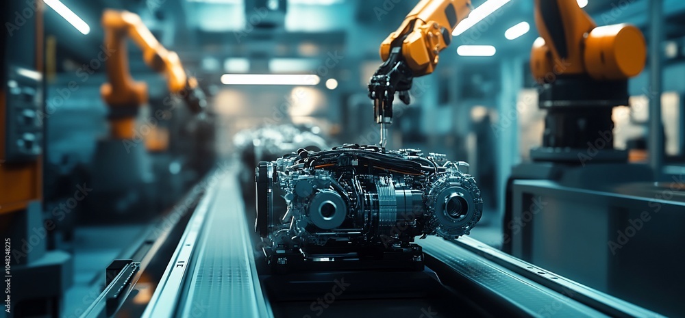 Aufkleber robotic arm working on a car engine on a conveyor belt in a factory.
