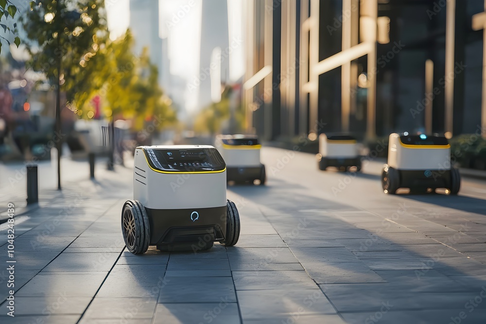 Poster a fleet of autonomous delivery robots navigating smart city sidewalks symbolizing innovation in urba