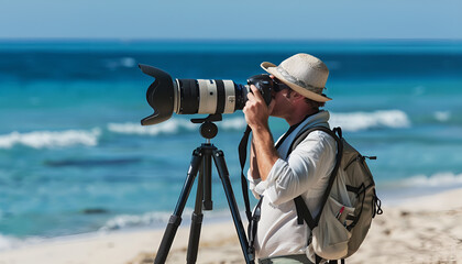photographer taking photo with professional camera near sea