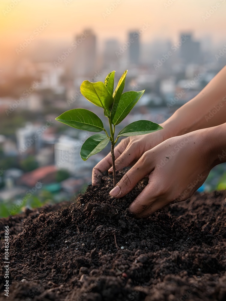 Poster hands planting tree sapling with city skyline in background symbolizing sustainable development