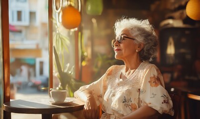 A woman sitting at a table with a cup of coffee in front of her