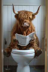 Image of Highland Cow Relaxing on a Toilet Reading a Newspaper in a Humorous Bathroom Setting â€“ Whimsical and Playful Farm Animal Scene printed on Printed Glass Splashbacks