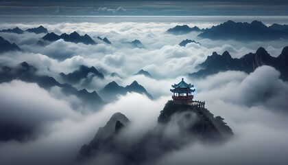 Obraz premium Temple on a Mountain Top with Clouds