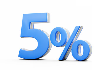 Vibrant Blue 5% Five Percent Sign With Sleek Metallic Gleam On White Background 3D Illustration