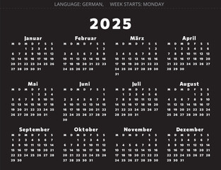 2025 year GERMAN calendar - kalender. Vector illustration for Germany black background