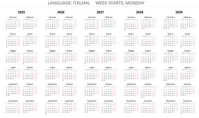 2025, 2026, 2027, 2028, 2029 italian vertical calendars (calendario italiano). Simple editable vector illustration year for Italy